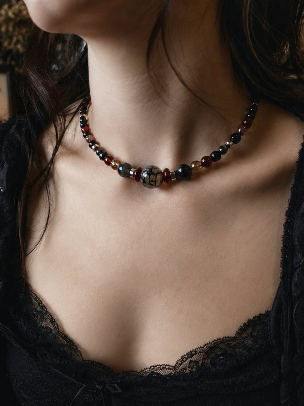 Whimsigoth Spiderweb Agate Choker Necklace, Black Onyx, Jasper, & Ruby Red Glass - Picture 4 of 12